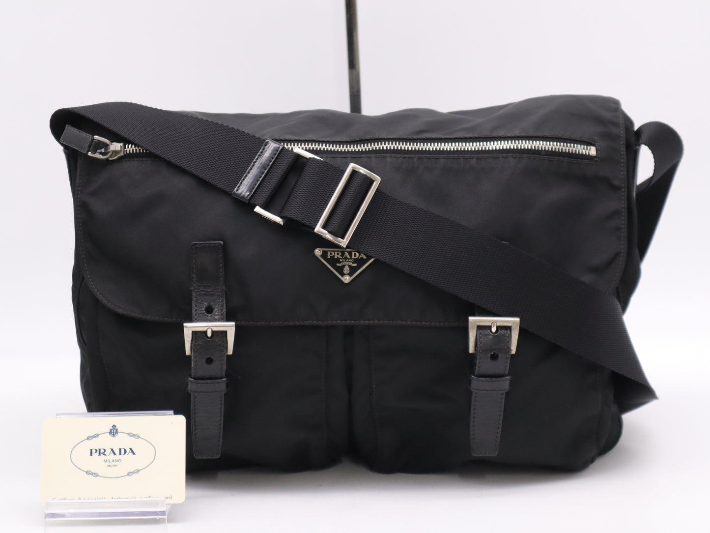 PRADA Nylon Triangle Logo Messenger Bag, Black, Silver Hardware, Card Holder