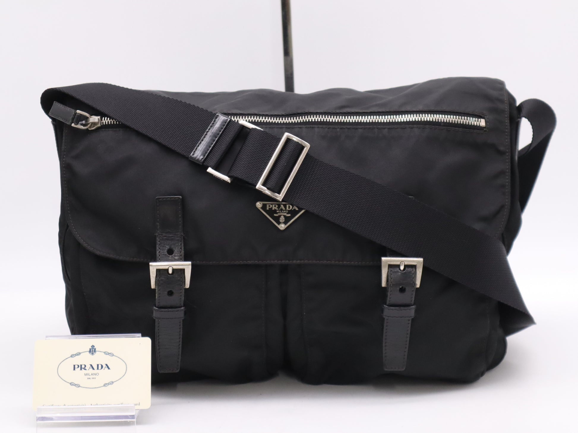 PRADA Nylon Triangle Logo Messenger Bag, Black, Silver Hardware, Card Holder