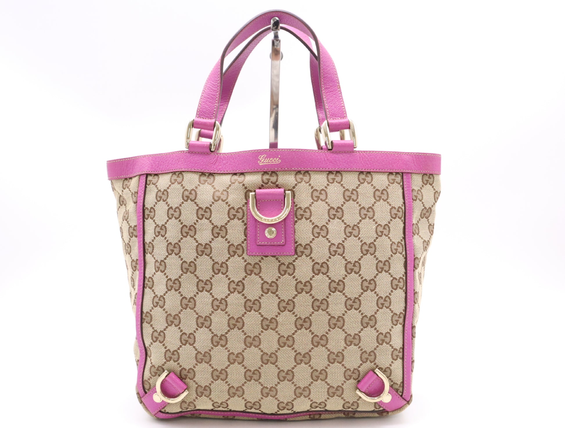 GUCCI 130739 Canvas/Leather GG Canvas Abbey Handbag in Beige and Pink with GD Hardware