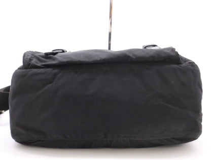 PRADA Nylon and Leather Triangle Logo Messenger Bag, Black, Silver Hardware, Shoulder Bag