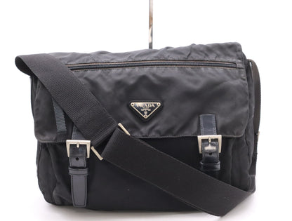 PRADA Nylon and Leather Triangle Logo Messenger Bag, Black, Silver Hardware, Shoulder Bag
