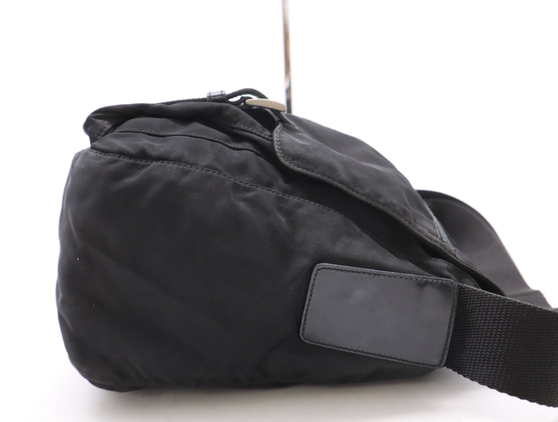 PRADA Nylon and Leather Triangle Logo Messenger Bag, Black, Silver Hardware, Shoulder Bag