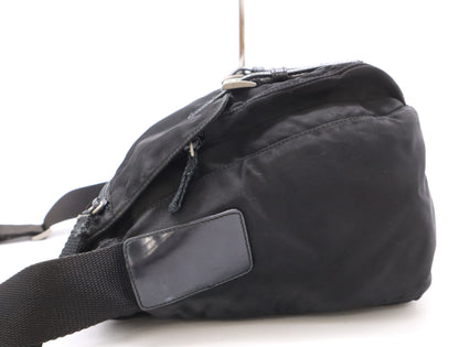 PRADA Nylon and Leather Triangle Logo Messenger Bag, Black, Silver Hardware, Shoulder Bag
