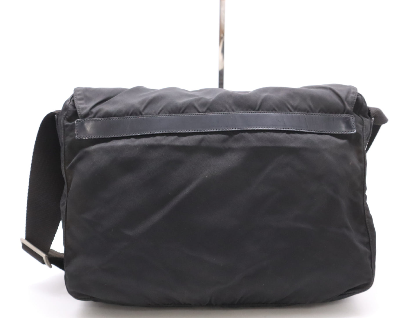 PRADA Nylon and Leather Triangle Logo Messenger Bag, Black, Silver Hardware, Shoulder Bag