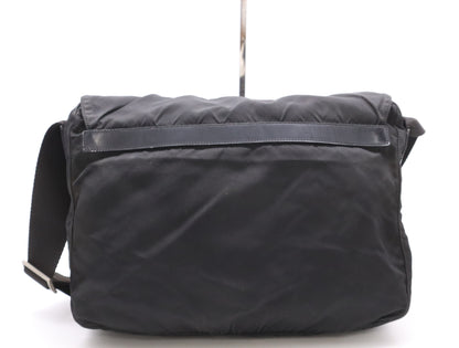 PRADA Nylon and Leather Triangle Logo Messenger Bag, Black, Silver Hardware, Shoulder Bag