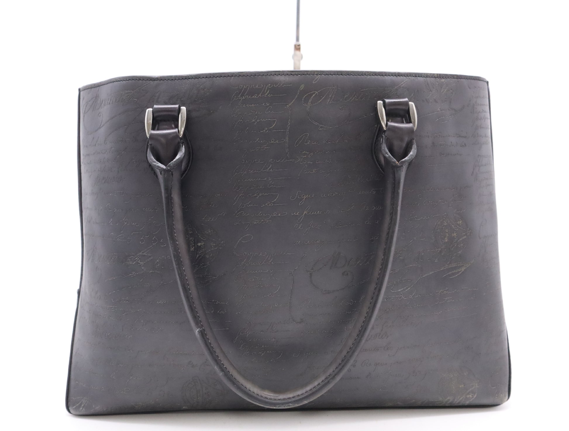 Berluti Leather Scritto Calligraphy Toujour Mini Black Tote Bag with Sterling Silver Hardware and Dust Bag