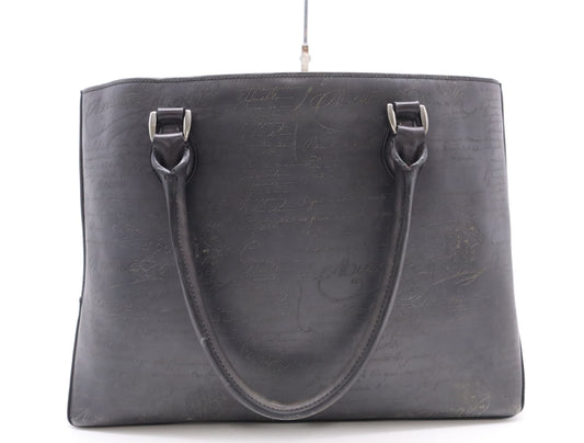 Berluti Leather Scritto Calligraphy Toujour Mini Black Tote Bag with Sterling Silver Hardware and Dust Bag