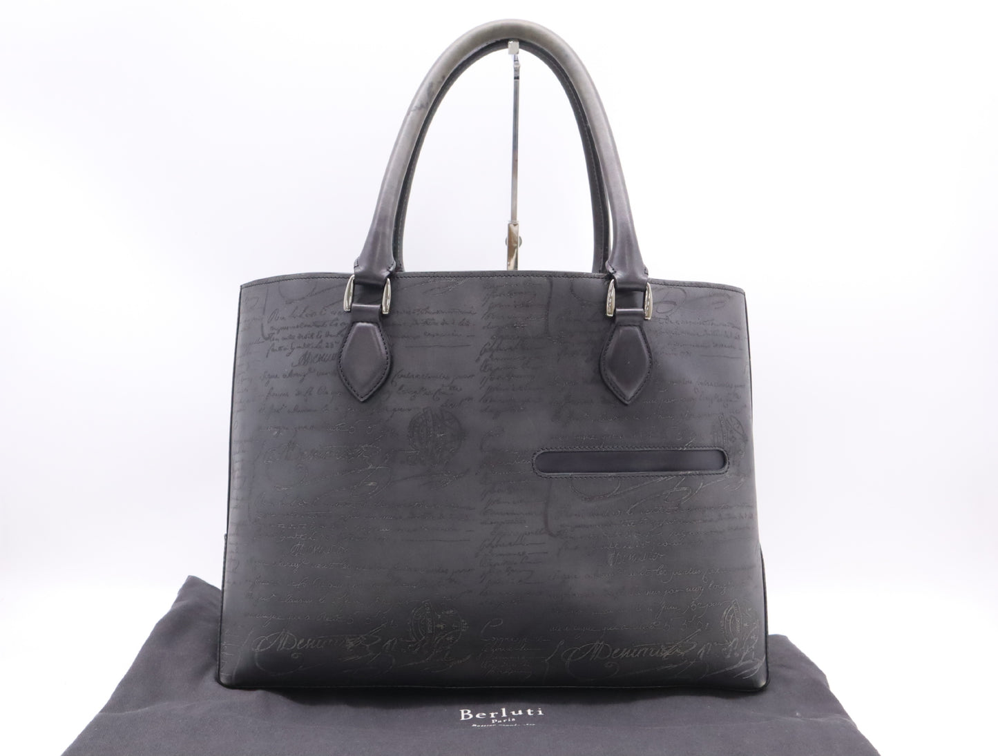 Berluti Leather Scritto Calligraphy Toujour Mini Black Tote Bag with Sterling Silver Hardware and Dust Bag