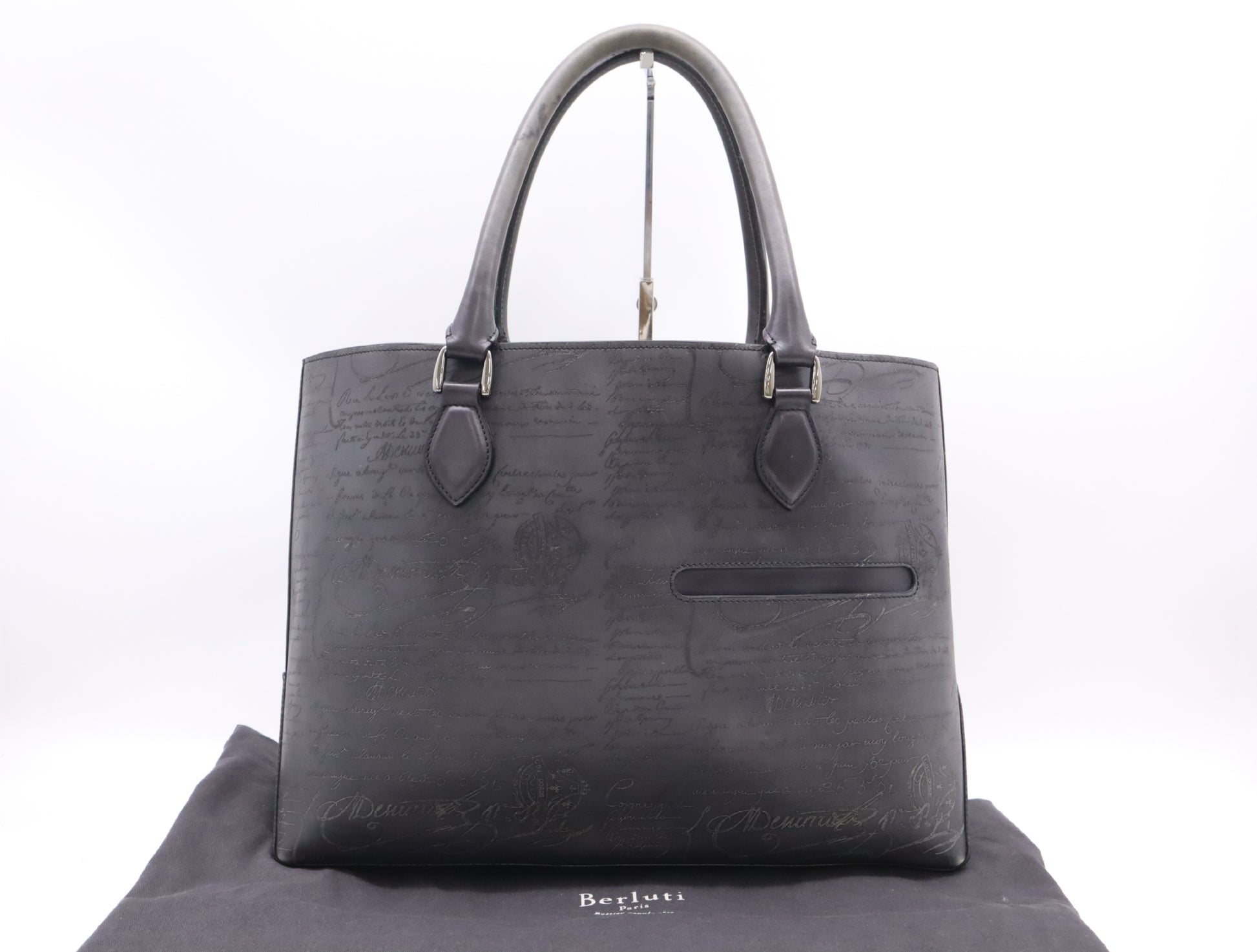 Berluti Leather Scritto Calligraphy Toujour Mini Black Tote Bag with Sterling Silver Hardware and Dust Bag