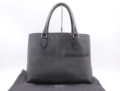 Berluti Leather Scritto Calligraphy Toujour Mini Black Tote Bag with Sterling Silver Hardware and Dust Bag