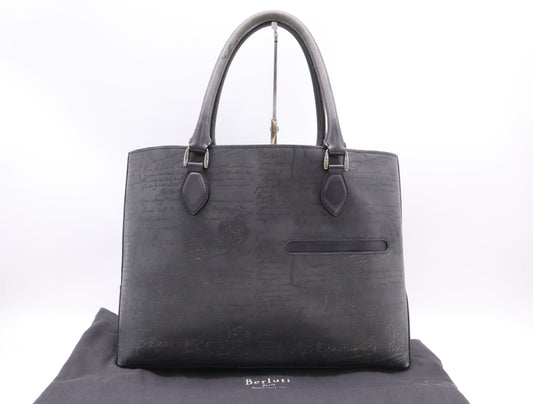 Berluti Leather Scritto Calligraphy Toujour Mini Black Tote Bag with Sterling Silver Hardware and Dust Bag