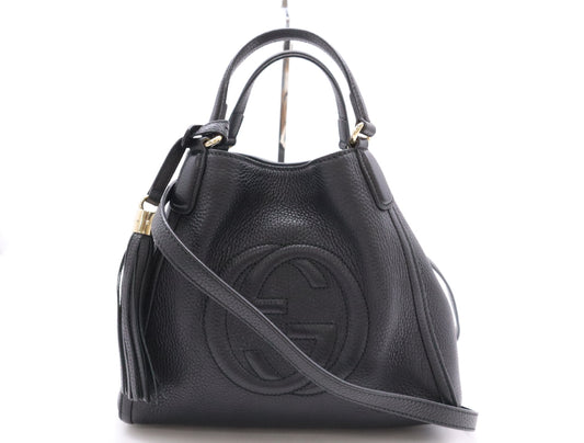 GUCCI Leather Soho Interlocking G 2-Way Handbag with Shoulder Strap and Fringe