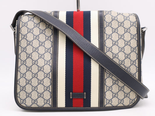 GUCCI 145844 PVC/Leather GG Supreme Sherry Line Shoulder Bag in Beige, Navy, and Red