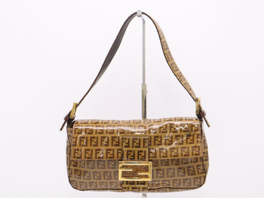 FENDI 33492 Leather and Vinyl Zucchino Mamma Bucket One-Shoulder Bag, Brown, GD Hardware