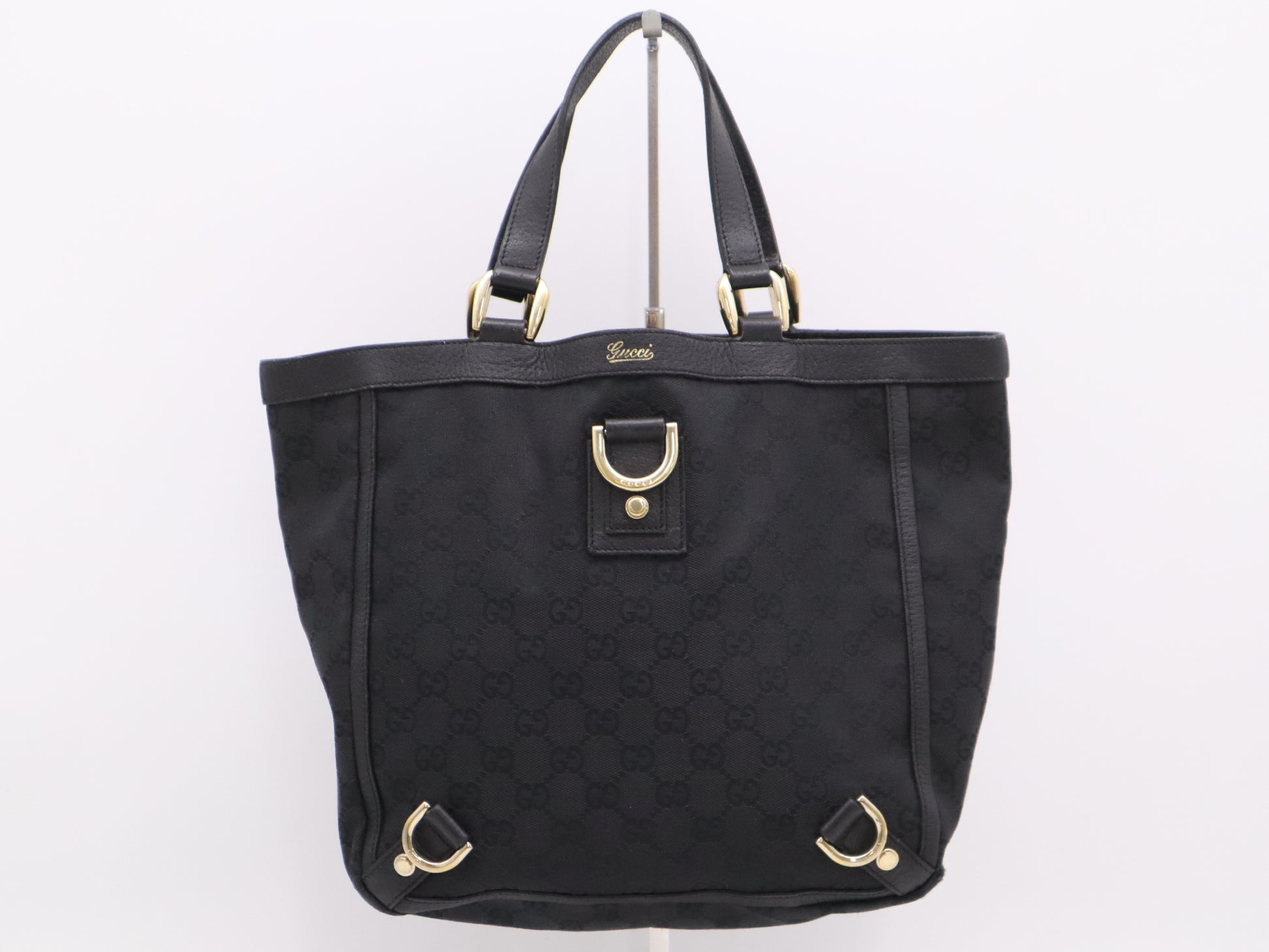 GUCCI 130739 Canvas x Leather GG Canvas Abbey Tote Bag Black Tote Bag