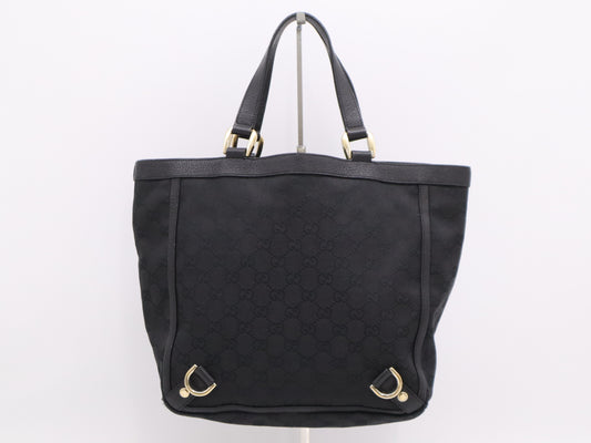 GUCCI 130739 Canvas x Leather GG Canvas Abbey Tote Bag Black Tote Bag