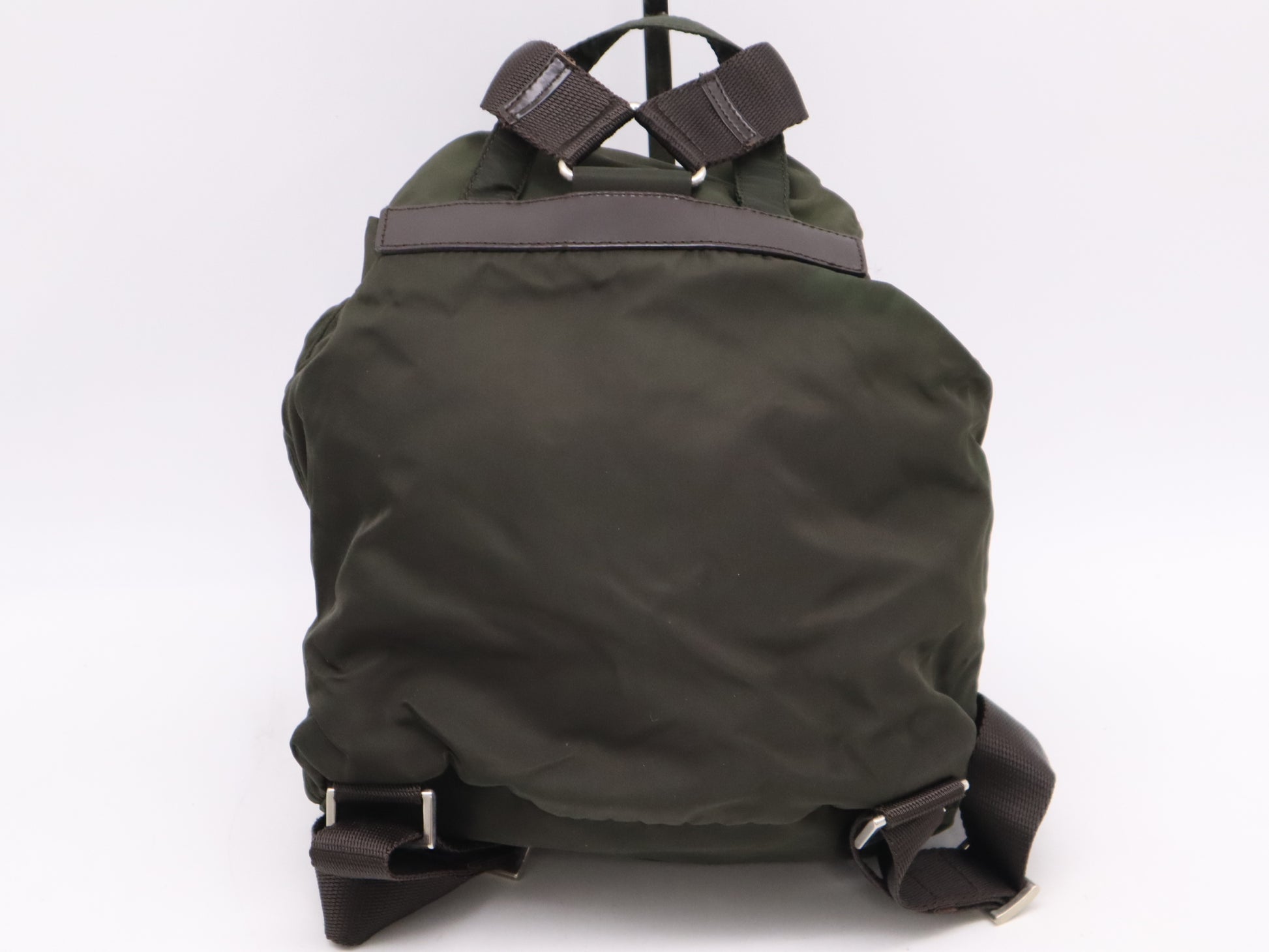 PRADA Nylon and Leather Triangle Logo Backpack in Green with Sterling Silver Hardware and Card Included