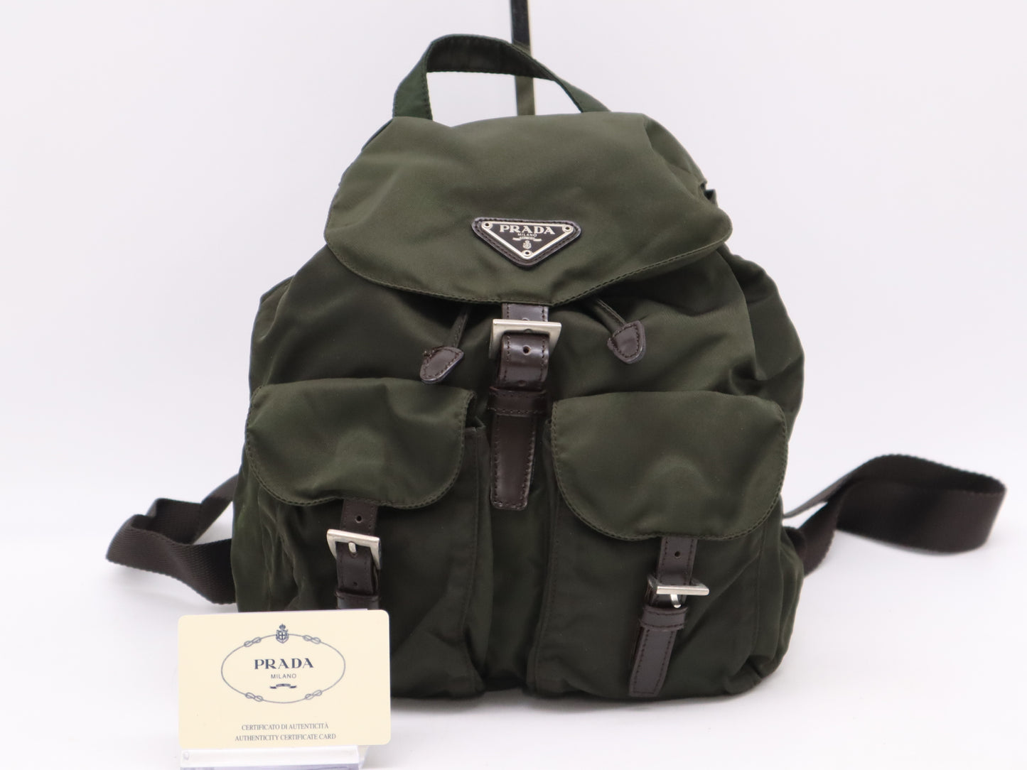 PRADA Nylon and Leather Triangle Logo Backpack in Green with Sterling Silver Hardware and Card Included