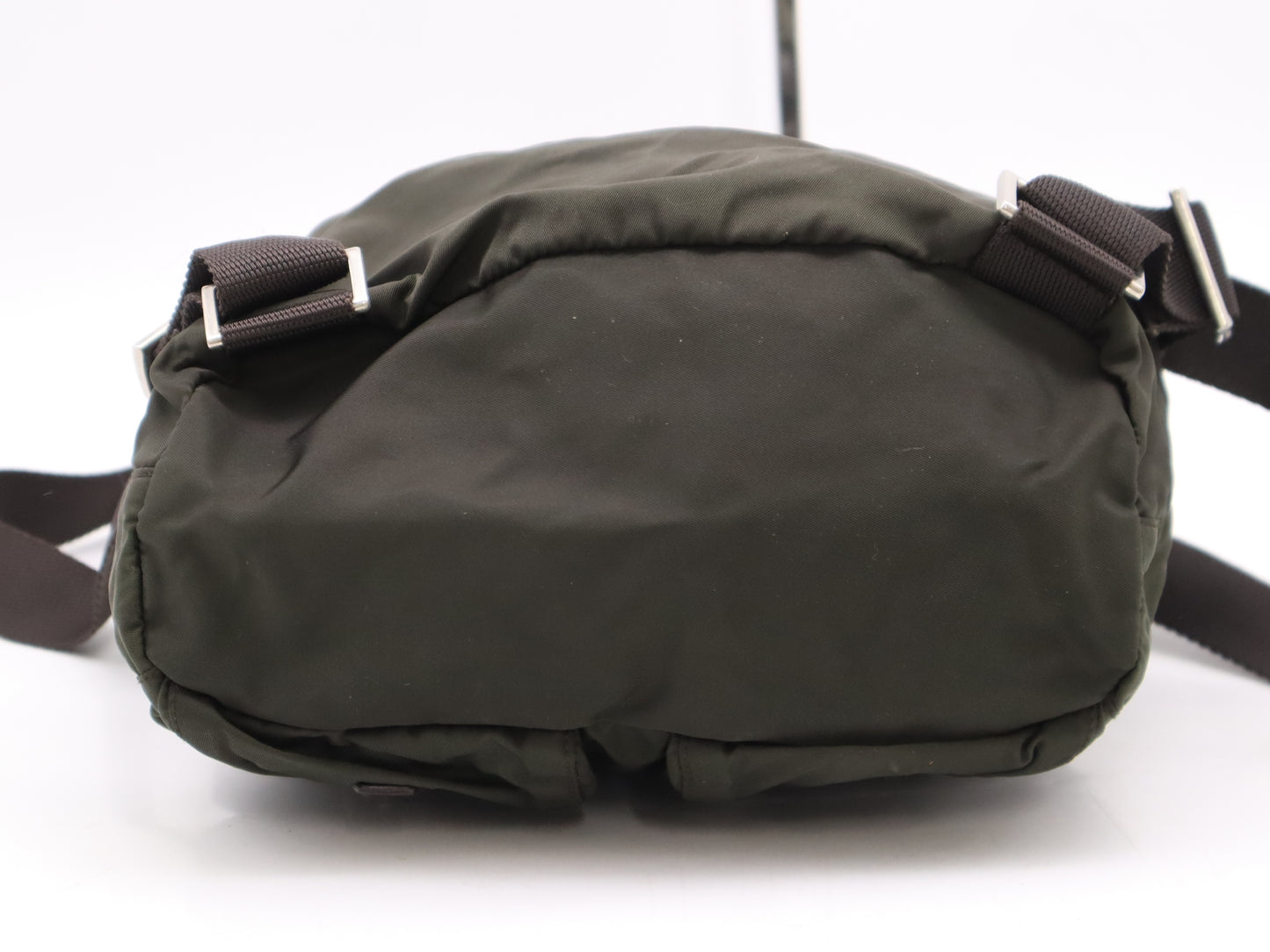 PRADA Nylon and Leather Triangle Logo Backpack in Green with Sterling Silver Hardware and Card Included