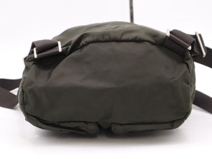 PRADA Nylon and Leather Triangle Logo Backpack in Green with Sterling Silver Hardware and Card Included