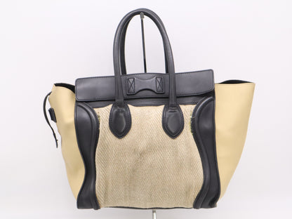 CELINE Leather and Linen Luggage Micro Shopper Handbag in Beige and Black with GD Hardware