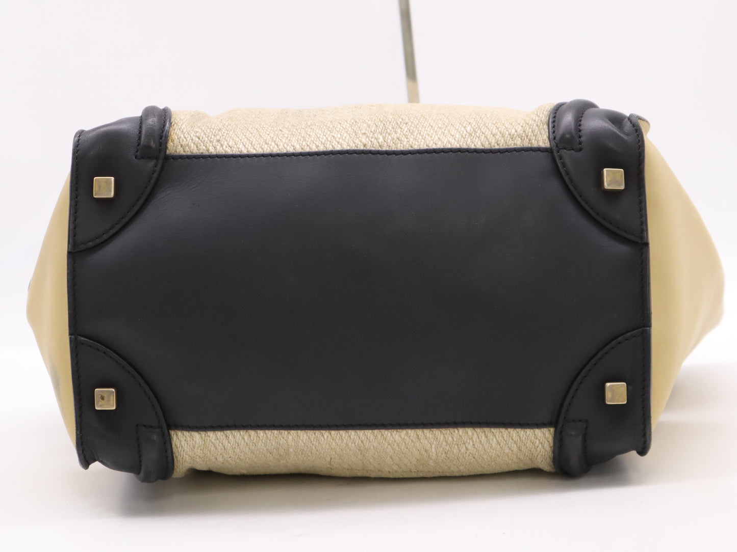 CELINE Leather and Linen Luggage Micro Shopper Handbag in Beige and Black with GD Hardware