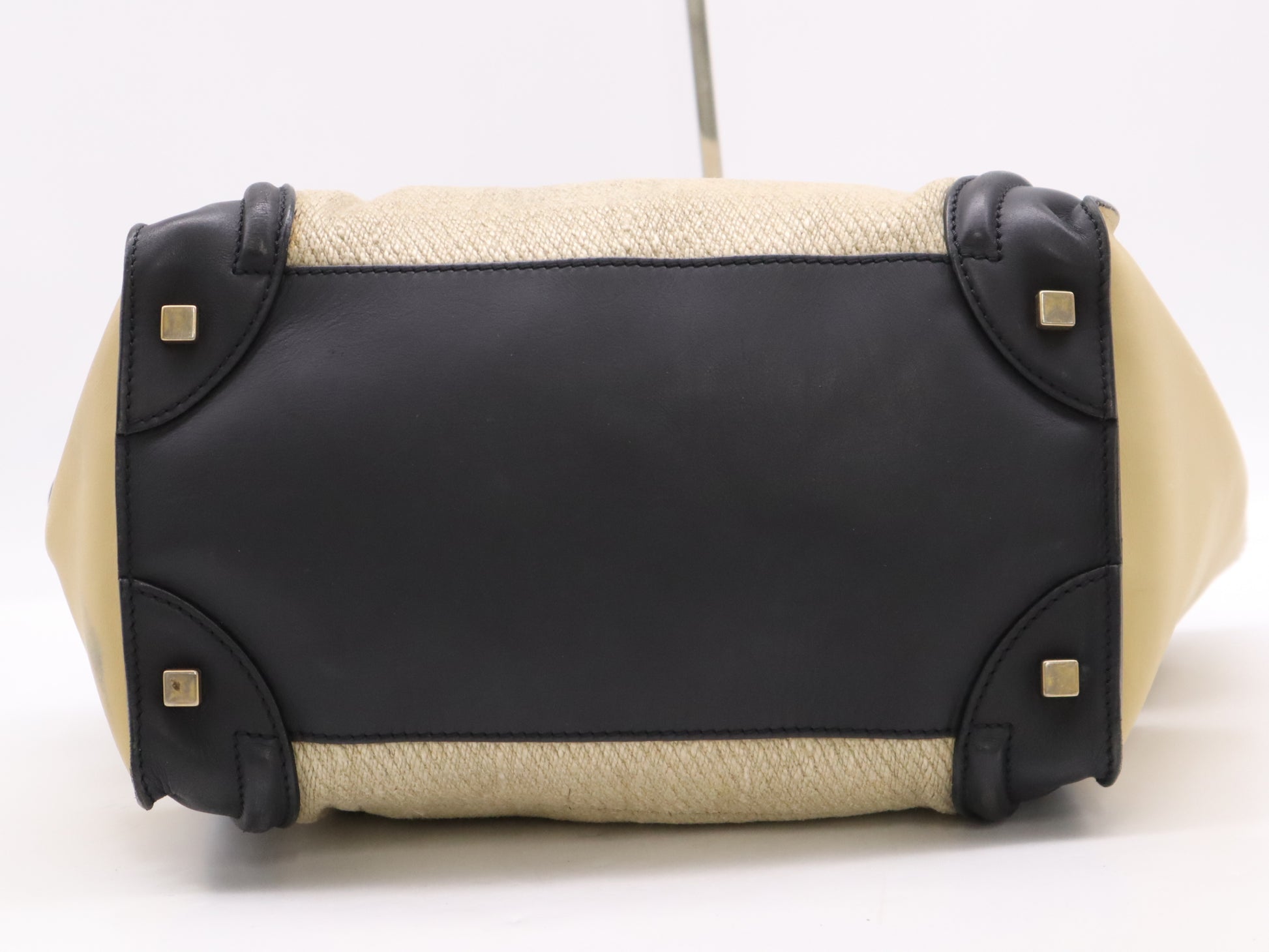 CELINE Leather and Linen Luggage Micro Shopper Handbag in Beige and Black with GD Hardware