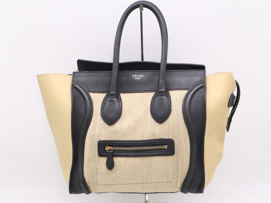 CELINE Leather and Linen Luggage Micro Shopper Handbag in Beige and Black with GD Hardware