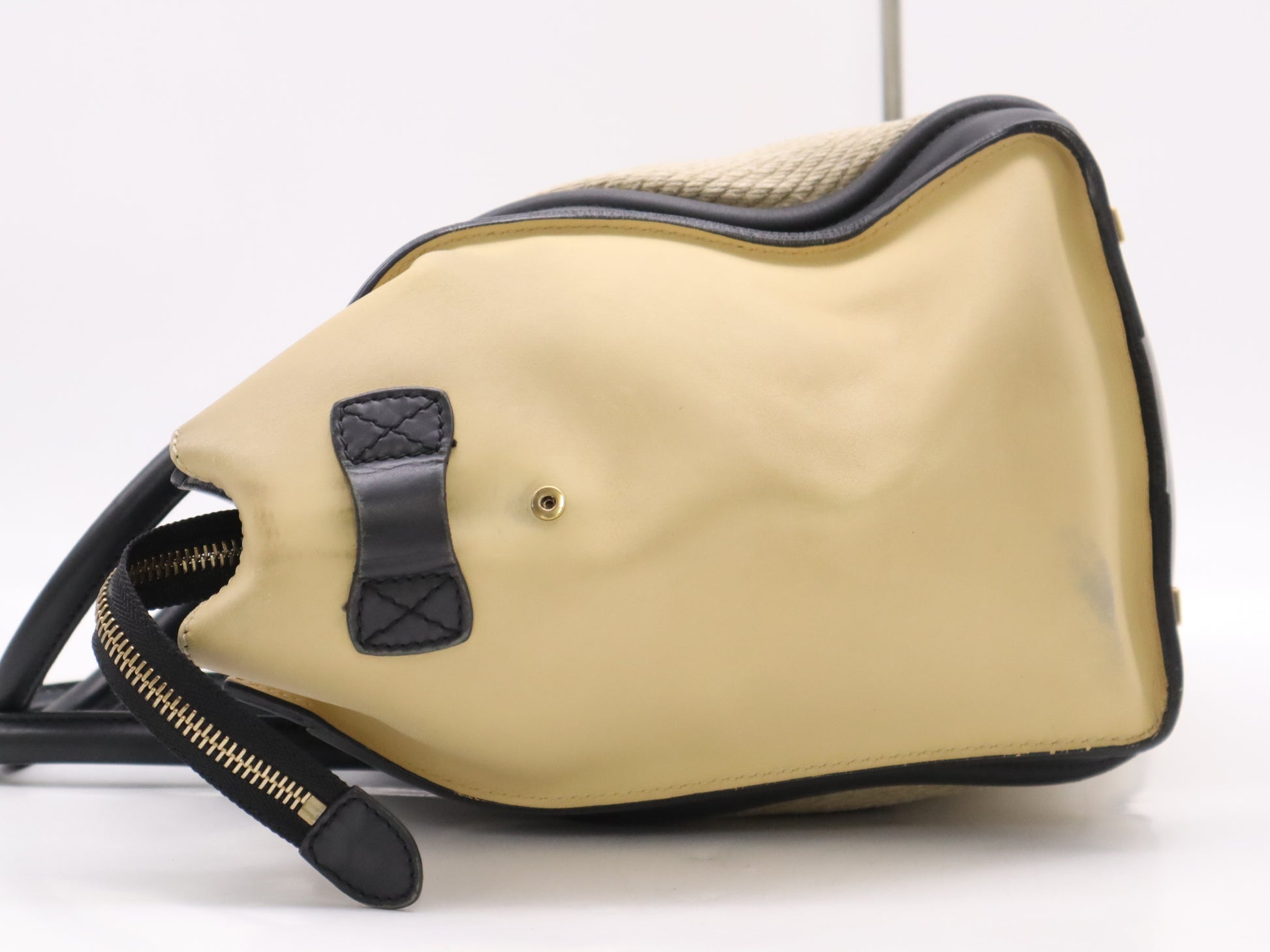 CELINE Leather and Linen Luggage Micro Shopper Handbag in Beige and Black with GD Hardware