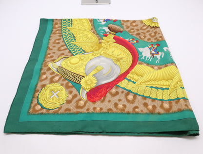 HERMES Silk Carré 90 CASQUES et PLUMETS Faceless Helmet Pattern Green Brown Scarf