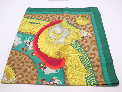 HERMES Silk Carré 90 CASQUES et PLUMETS Faceless Helmet Pattern Green Brown Scarf