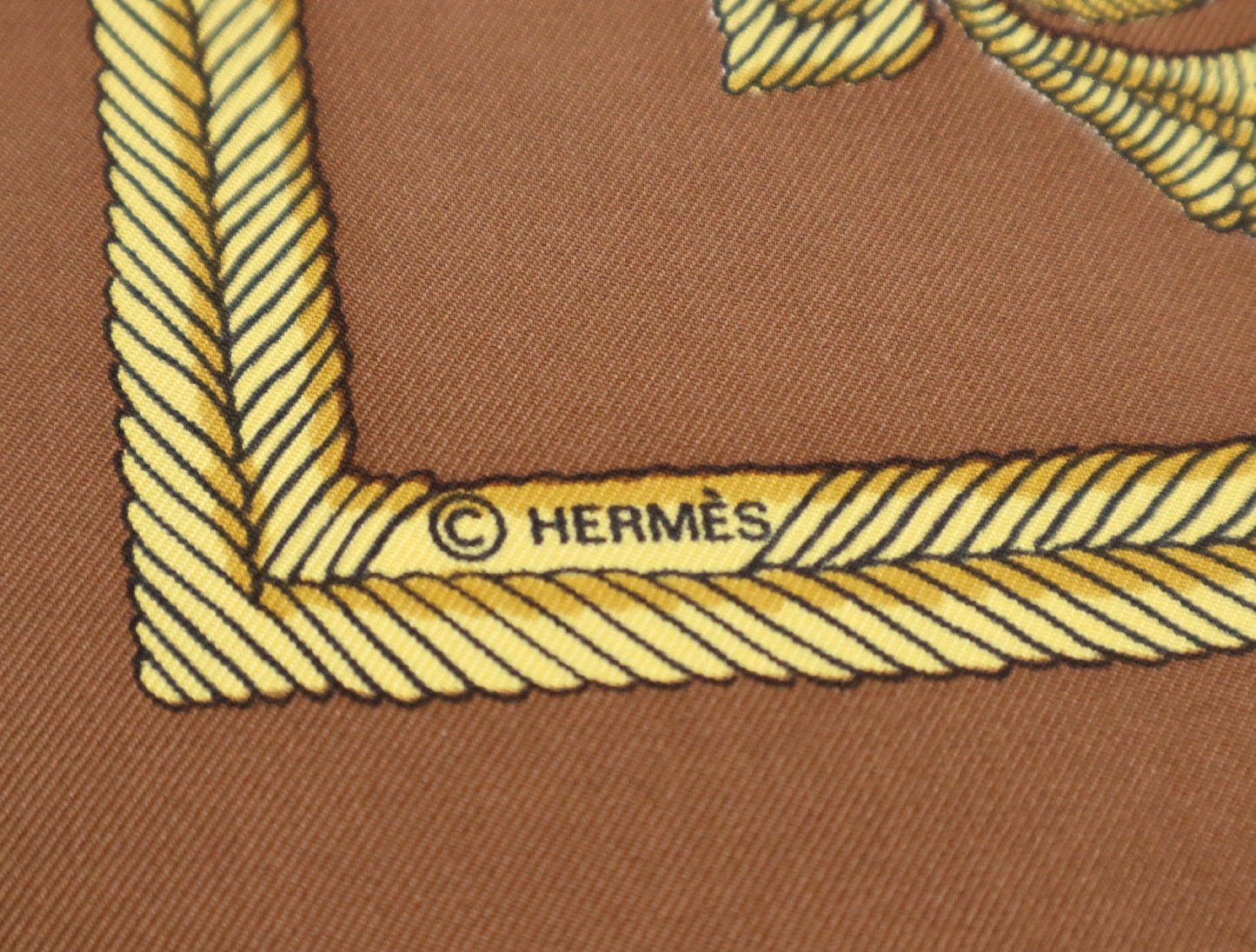 HERMES Silk Carré 90 "Les Armes de Paris" Weapon Pattern, Brown/Yellow, Box Included, Other Accessories