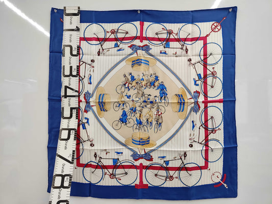 HERMES Silk Carré 90 LES BECANES Bicycle Pattern Scarf in White, Blue, and Red with Gift Wrapping