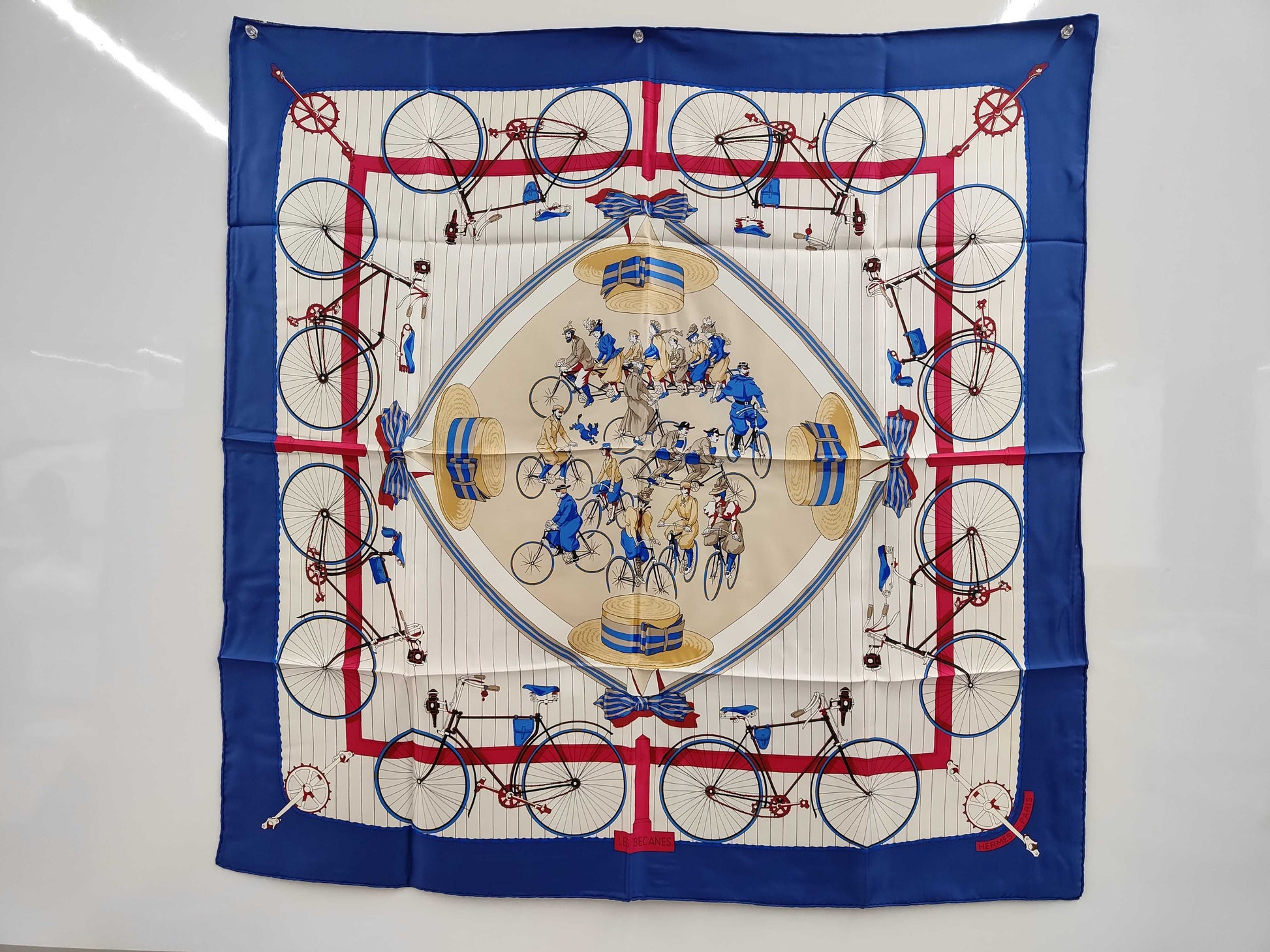 HERMES Silk Carré 90 LES BECANES Bicycle Pattern Scarf in White, Blue, and Red with Gift Wrapping