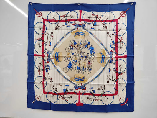 HERMES Silk Carré 90 LES BECANES Bicycle Pattern Scarf in White, Blue, and Red with Gift Wrapping