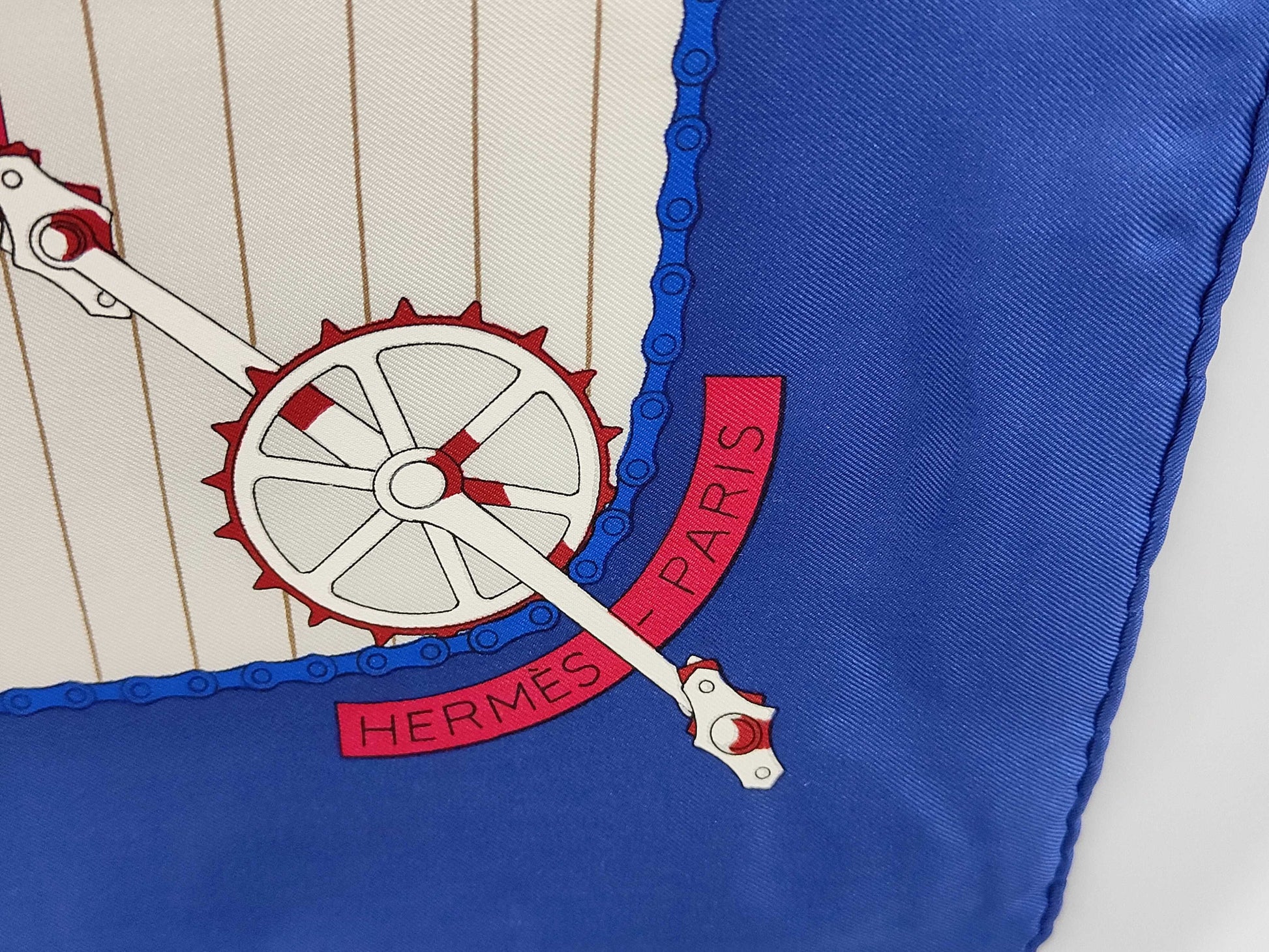 HERMES Silk Carré 90 LES BECANES Bicycle Pattern Scarf in White, Blue, and Red with Gift Wrapping