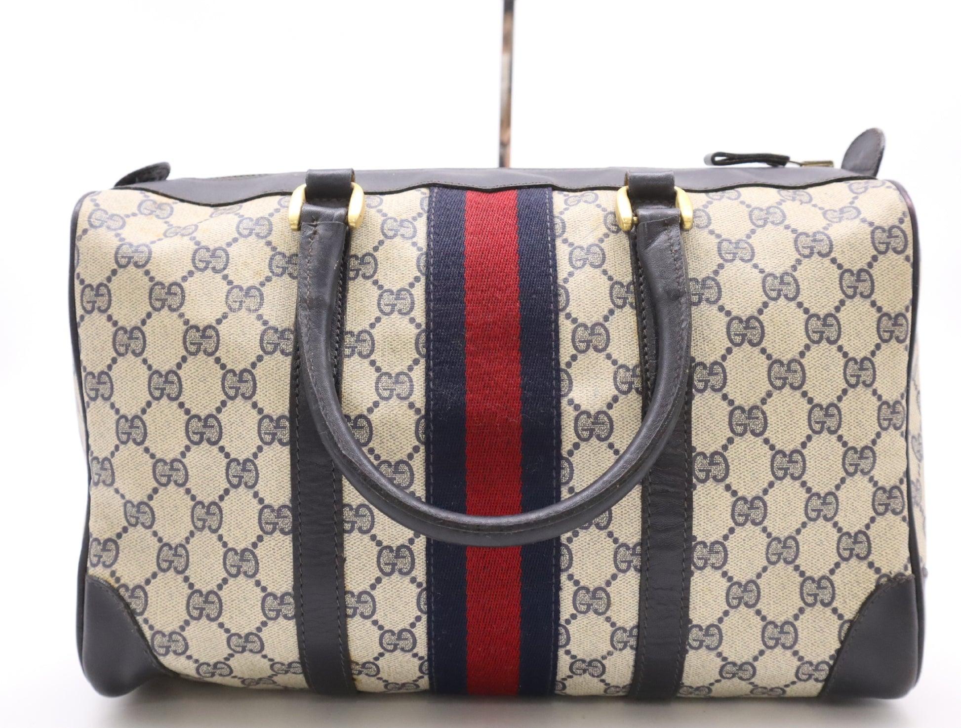 GUCCI PVC x Leather Old Gucci Mini Boston Bag, Sherry Line, Beige/Navy