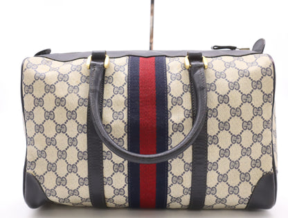 GUCCI PVC x Leather Old Gucci Mini Boston Bag, Sherry Line, Beige/Navy