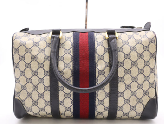 GUCCI PVC x Leather Old Gucci Mini Boston Bag, Sherry Line, Beige/Navy