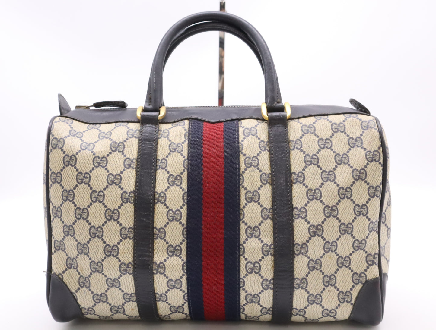 GUCCI PVC x Leather Old Gucci Mini Boston Bag, Sherry Line, Beige/Navy