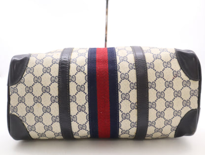 GUCCI PVC x Leather Old Gucci Mini Boston Bag, Sherry Line, Beige/Navy