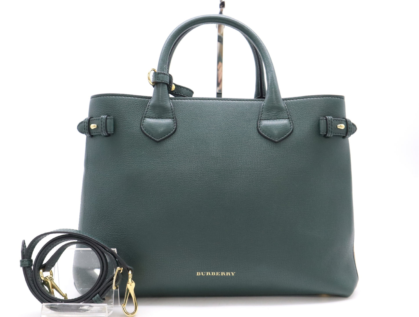 BURBERRY Leather and Canvas Nova Check Green Handbag with Shoulder Strap and Poignier