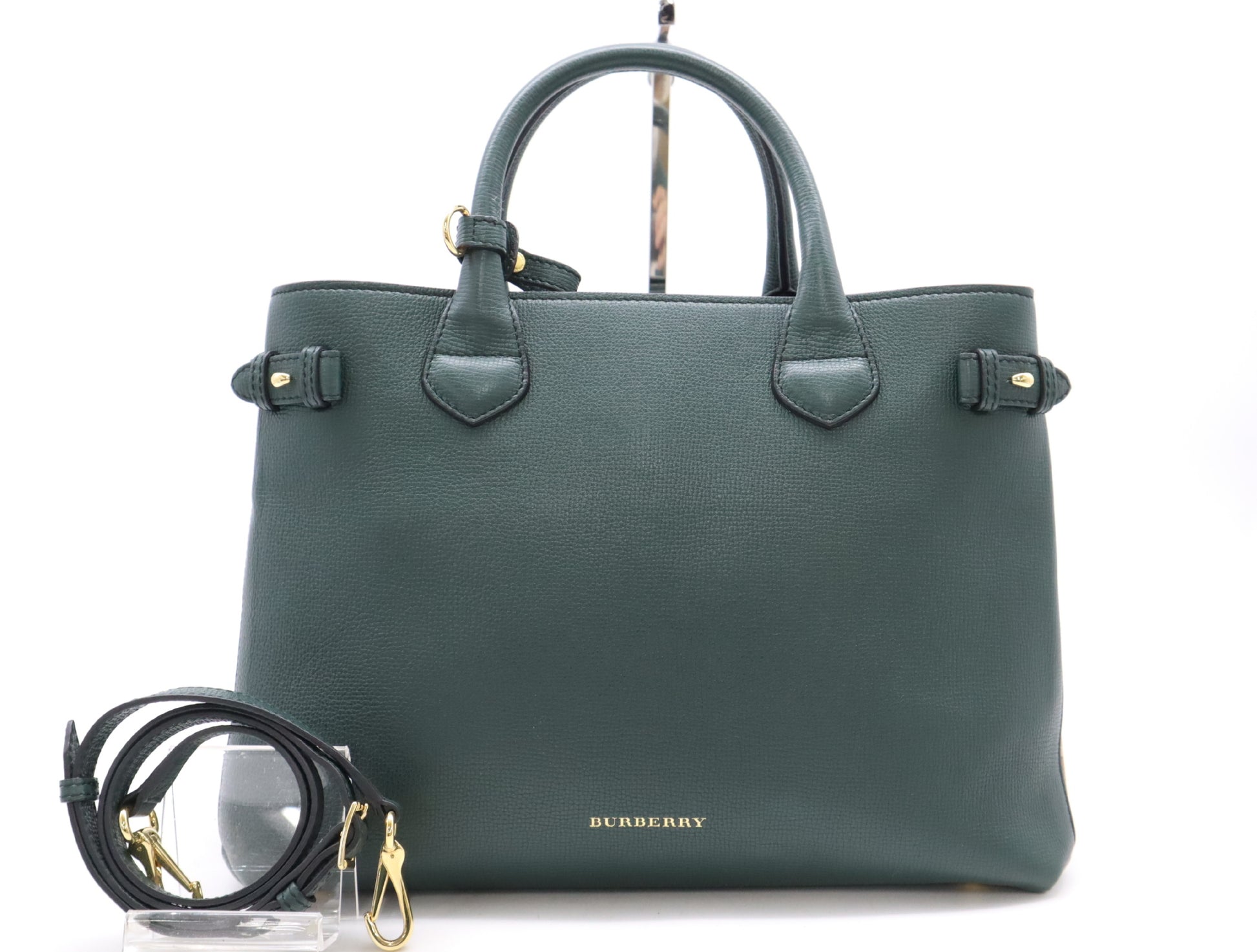 BURBERRY Leather and Canvas Nova Check Green Handbag with Shoulder Strap and Poignier