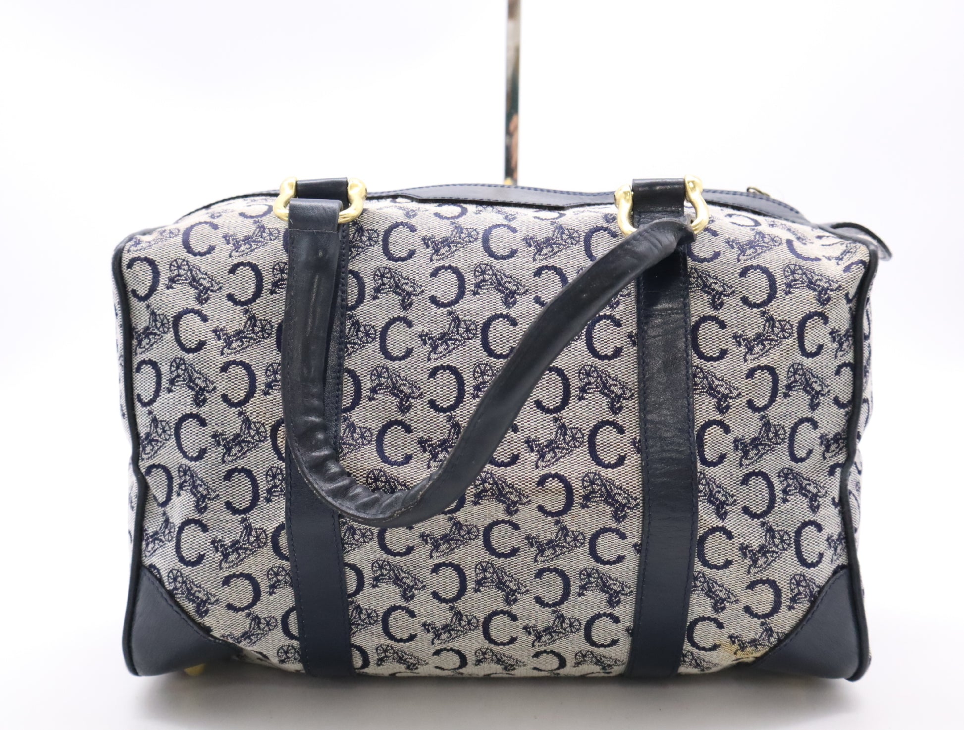 CELINE Canvas and Leather Mini Boston Bag with Horse Carriage Pattern, C Macadam, and GD Hardware, Navy