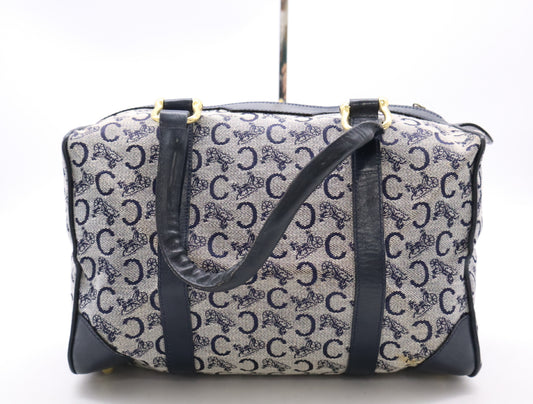 CELINE Canvas and Leather Mini Boston Bag with Horse Carriage Pattern, C Macadam, and GD Hardware, Navy