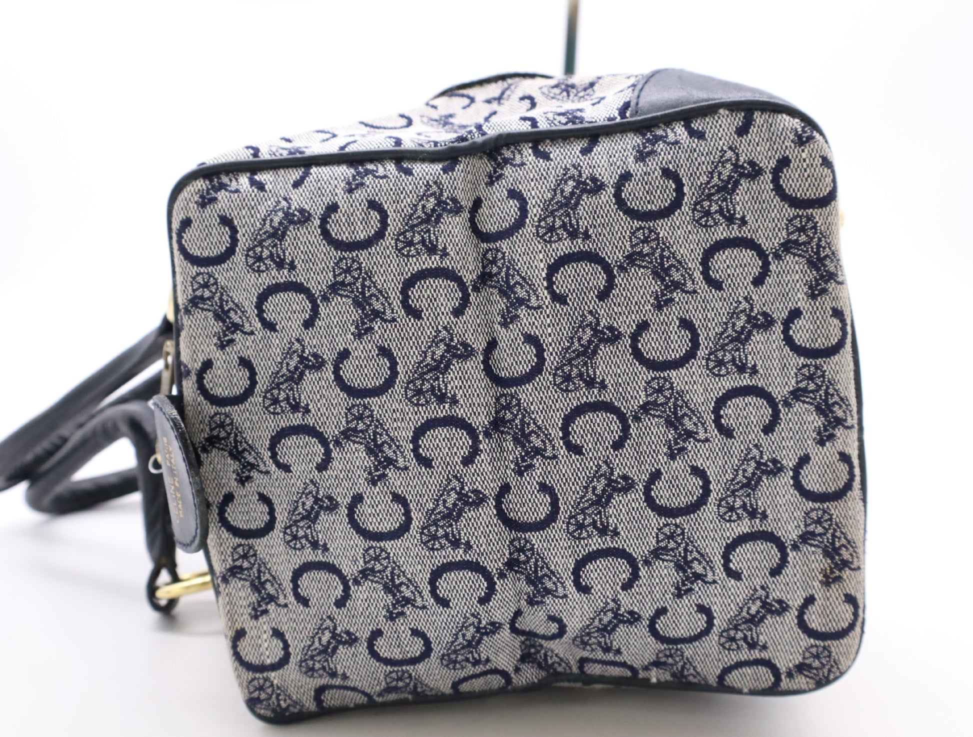 CELINE Canvas and Leather Mini Boston Bag with Horse Carriage Pattern, C Macadam, and GD Hardware, Navy
