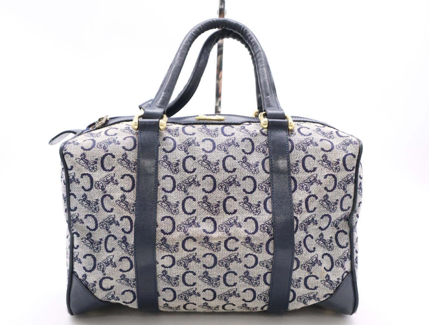 CELINE Canvas and Leather Mini Boston Bag with Horse Carriage Pattern, C Macadam, and GD Hardware, Navy