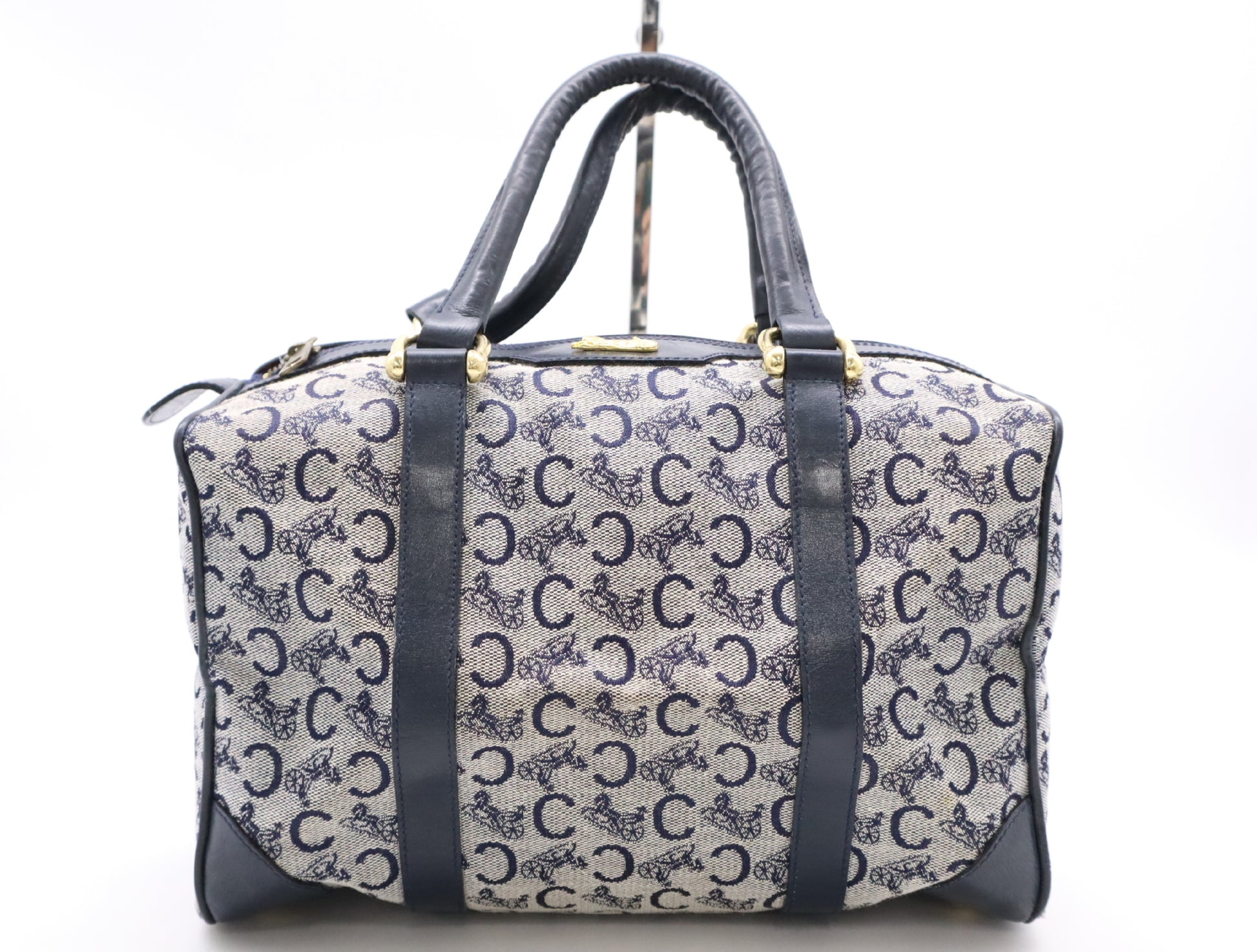 CELINE Canvas and Leather Mini Boston Bag with Horse Carriage Pattern, C Macadam, and GD Hardware, Navy