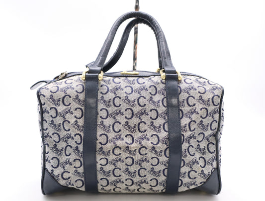 CELINE Canvas and Leather Mini Boston Bag with Horse Carriage Pattern, C Macadam, and GD Hardware, Navy