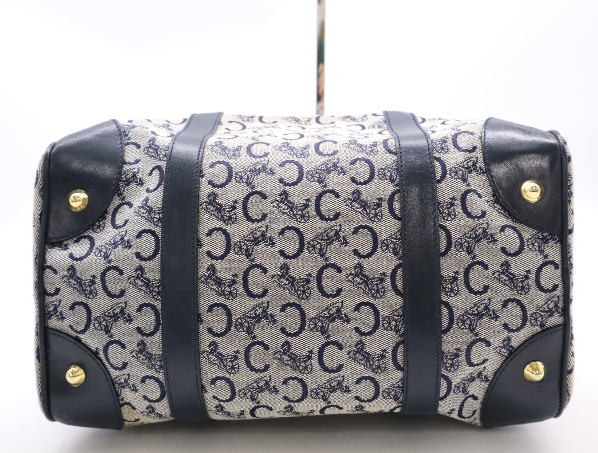 CELINE Canvas and Leather Mini Boston Bag with Horse Carriage Pattern, C Macadam, and GD Hardware, Navy